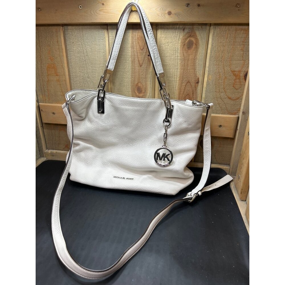Michael Kors White Leather Shoulder Bag With MK Charm & Adjustable Strap
